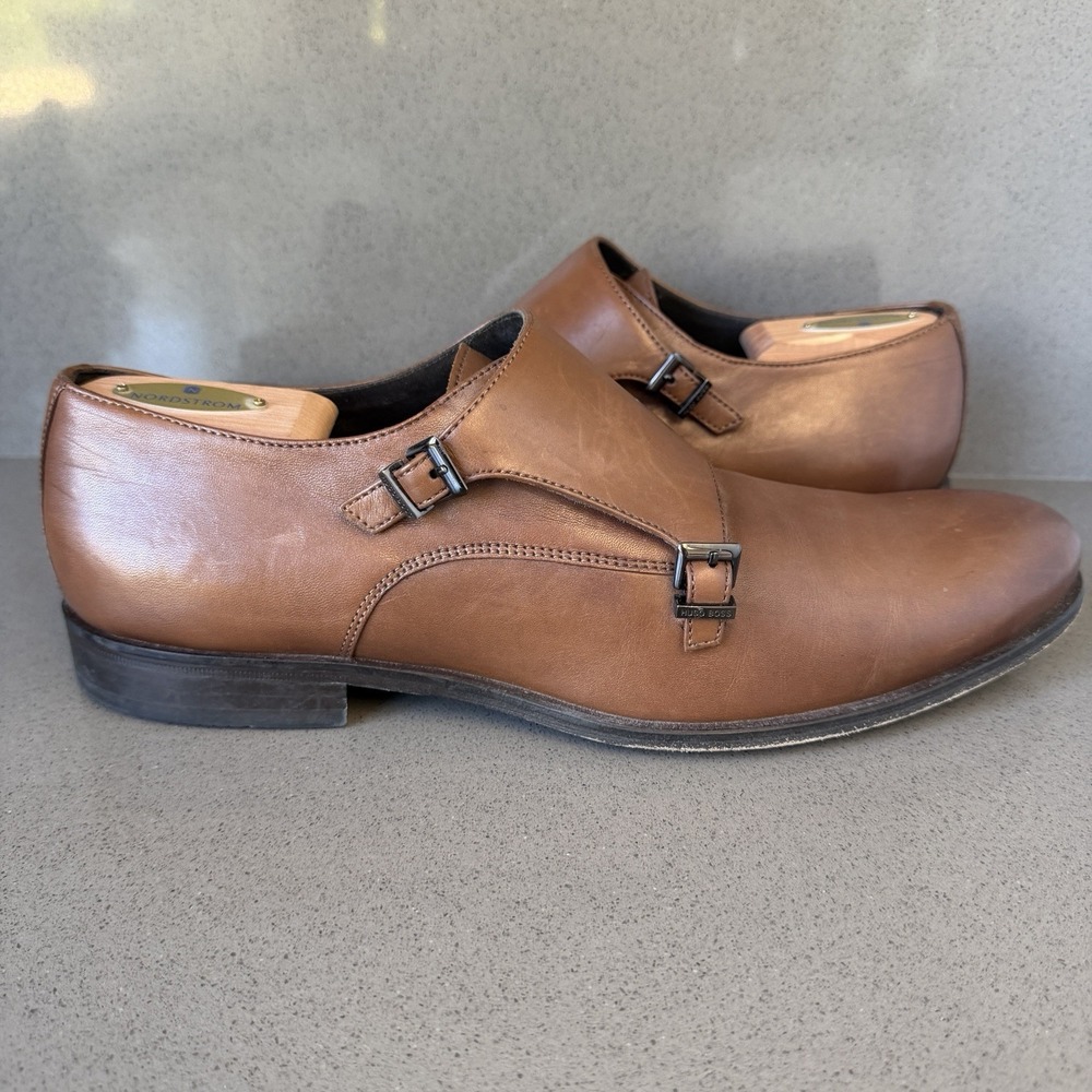 Hugo Boss Double Monk Strap Dress Shoes Mens 11 Brown Leather Buckle - Picture 2 of 16